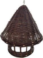 Fuglehus til haven i håndflettet pileflet set forfra, robust og dekorativt til små fugle.